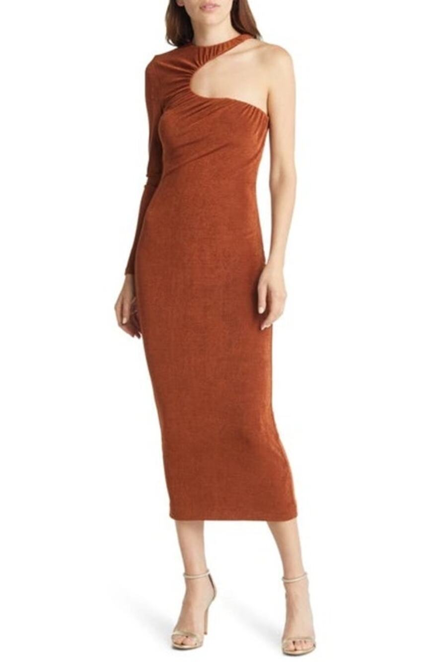 MISHA Asher One Shoulder Cocktail Midi Dress Ginger Rust Size 44 US 12